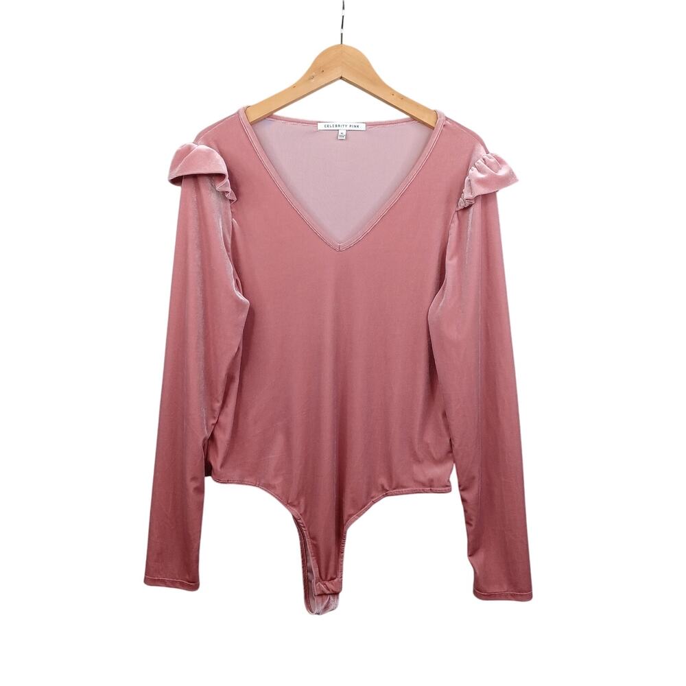 Celebrity Pink Women Velvet Bodysuit Size XL Pink Ruffle Long Sleeve Snap Bottom